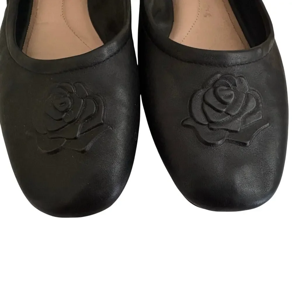Taryn Rose Rosalyn Black Napa Leather Flower Ballet Flats Shoes Feminine